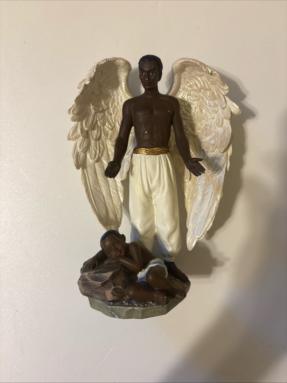 Black Angel with Sleeping Child Resin Art - Ivory Wings